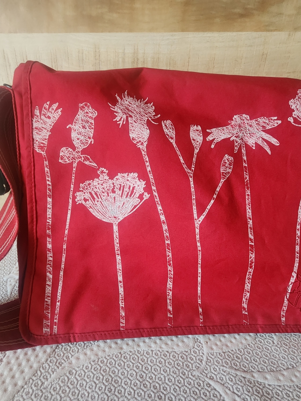Red Canvas Crossbody Bag with White Floral Print